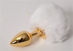 Золотистая анальная пробочка c белым хвостом  Задорный Кролик  - фото 1417238