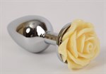 Серебристая анальная пробка с жёлтой розой - 7,6 см. - фото 149036