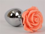 Серебристая анальная пробка с оранжевой розой - 7,6 см. - фото 149037