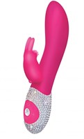 Ярко-розовый вибромассажёр с клиторальным отростком и отделанной стразами рукоятью The Classic Rabbit - 22 см. - фото 144657
