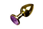 Маленькая золотистая анальная пробка с круглым кончиком и фиолетовым кристаллом - 7 см. - фото 150072