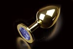 Большая золотая анальная пробка с закругленным кончиком и синим кристаллом - 9 см. - фото 1360419