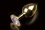 Большая золотая анальная пробка с закругленным кончиком и сиреневым кристаллом - 9 см. - фото 1360422
