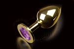 Большая золотая анальная пробка с закругленным кончиком и фиолетовым кристаллом - 9 см. - фото 1360424