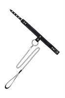 Черный узкий однослойный ошейник с серебристым поводком-цепочкой 529794