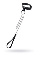 Черный узкий однослойный ошейник с серебристым поводком-цепочкой 529794