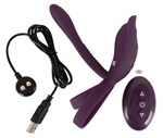Фиолетовая насадка на член с клиторальным отростком и пультом ДУ RC Couple’s Vibrator 2 531658