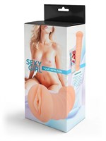 Телесный двусторонний мастурбатор с вибропулей и эрекционными кольцами в комплекте 531827