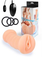 Телесный двусторонний мастурбатор с вибропулей и эрекционными кольцами в комплекте 531827