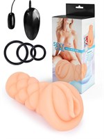 Телесный мастурбатор-вагина с вибропулей и эрекционными кольцами в комплекте 531828