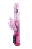 Розовый вибратор с ротацией, функцией Up Down и клиторальным отростком - 23,5 см. - фото 153125