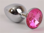Серебряная металлическая анальная пробка с розовым стразиком - 8,2 см. - фото 1394556