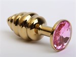 Золотистая ребристая анальная пробка с розовым стразом - 7,3 см. - фото 52983