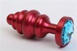 Красная ребристая анальная пробка с голубым стразом - 7,3 см. - фото 52984