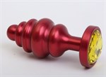 Красная ребристая анальная пробка с жёлтым стразом - 7,3 см. - фото 1394590