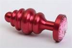 Красная ребристая анальная пробка с розовым стразом - 7,3 см. - фото 52988