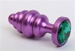 Фиолетовая ребристая анальная пробка с зеленым кристаллом - 7,3 см. - фото 52994