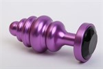 Фиолетовая ребристая анальная пробка с чёрным кристаллом - 7,3 см. - фото 52997