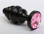 Чёрная ребристая анальная пробка с розовым кристаллом - 7,3 см. - фото 53000