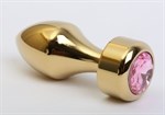 Золотистая анальная пробка с широким основанием и розовым кристаллом - 7,8 см. - фото 53077