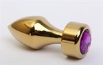 Золотистая анальная пробка с широким основанием и фиолетовым кристаллом - 7,8 см. - фото 53079