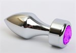 Серебристая анальная пробка с широким основанием и фиолетовым кристаллом - 7,8 см. - фото 1394693