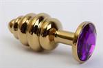 Золотистая ребристая анальная пробка с фиолетовым стразом - 7,3 см. - фото 1394715