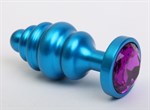Синяя ребристая анальная пробка с фиолетовым кристаллом - 7,3 см. - фото 1394716