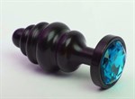 Чёрная ребристая анальная пробка с голубым кристаллом - 7,3 см. - фото 246883