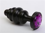 Чёрная ребристая анальная пробка с фиолетовым кристаллом - 7,3 см. - фото 246884