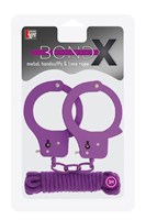 Фиолетовые наручники из листового металла в комплекте с веревкой BONDX METAL CUFFS LOVE ROPE SET - фото 1167750