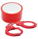 Набор для фиксации BONDX METAL CUFFS AND RIBBON: красные наручники из листового материала и липкая лента - фото 1395701
