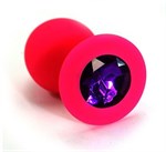 Розовая силиконовая анальная пробка с темно-фиолетовым кристаллом - 7 см. - фото 432591