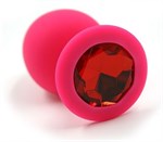Розовая силиконовая анальная пробка с красным кристаллом - 8,3 см. - фото 158092