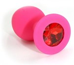 Розовая силиконовая анальная пробка с красным кристаллом - 7 см. - фото 149011