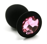 Чёрная силиконовая анальная пробка с светло-розовым кристаллом - 7 см. - фото 158098