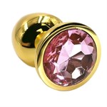 Золотистая алюминиевая анальная пробка с светло-розовым кристаллом - 6 см. - фото 158146