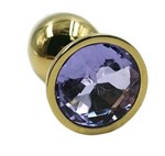 Золотистая алюминиевая анальная пробка с светло-фиолетовым кристаллом - 6 см. - фото 1410952
