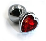 Серебристая анальная пробка с красным кристаллом-сердцем - 7 см. - фото 158243