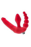 Красный безремневой страпон с вибрацией и анальным отростком - фото 1397547