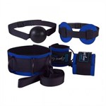 Сине-черный комплект для БДСМ-игр: наручники, кляп-шарик, маска, ошейник - фото 164074