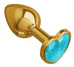 Золотистая анальная втулка с голубым кристаллом-сердцем - 7 см. - фото 1398081