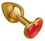 Золотистая анальная втулка с красным кристаллом-сердцем - 7 см. - фото 1176918