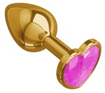 Золотистая анальная втулка с розовым кристаллом-сердцем - 7 см. - фото 1398303