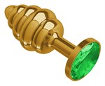 Золотистая пробка с рёбрышками и зеленым кристаллом - 7 см. - фото 167716