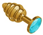 Золотистая пробка с рёбрышками и голубым кристаллом - 7 см. - фото 1399031
