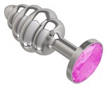 Серебристая пробка с рёбрышками и розовым кристаллом - 7 см. - фото 169472