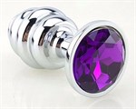 Серебристая фигурная анальная пробка с фиолетовым кристаллом - 8 см. - фото 88487