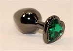 Черная коническая анальная пробка с зеленым кристаллом-сердечком - 8 см. - фото 1399827