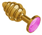 Золотистая пробка с рёбрышками и розовым кристаллом - 7 см. - фото 1399963
